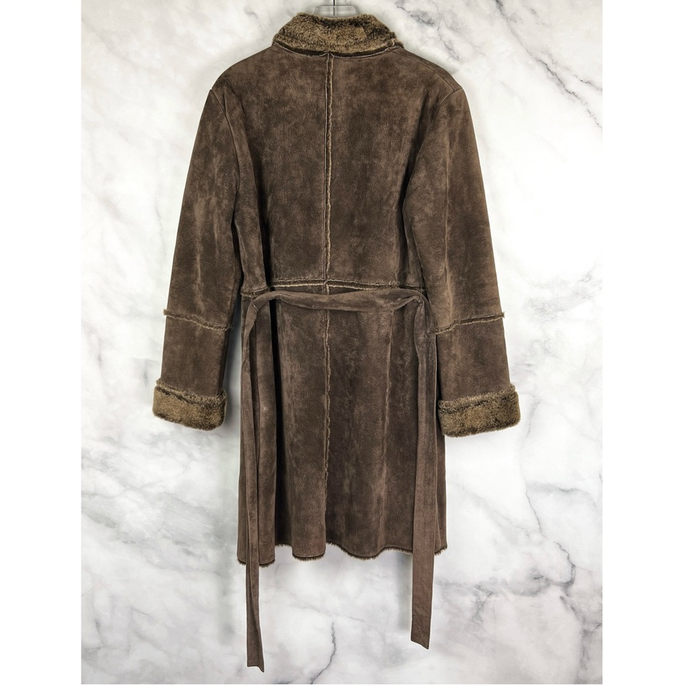 Express Vintage Y2K Suede Leather Faux Fur Belted Button Up Trench Coat Brown L - Picture 8 of 12